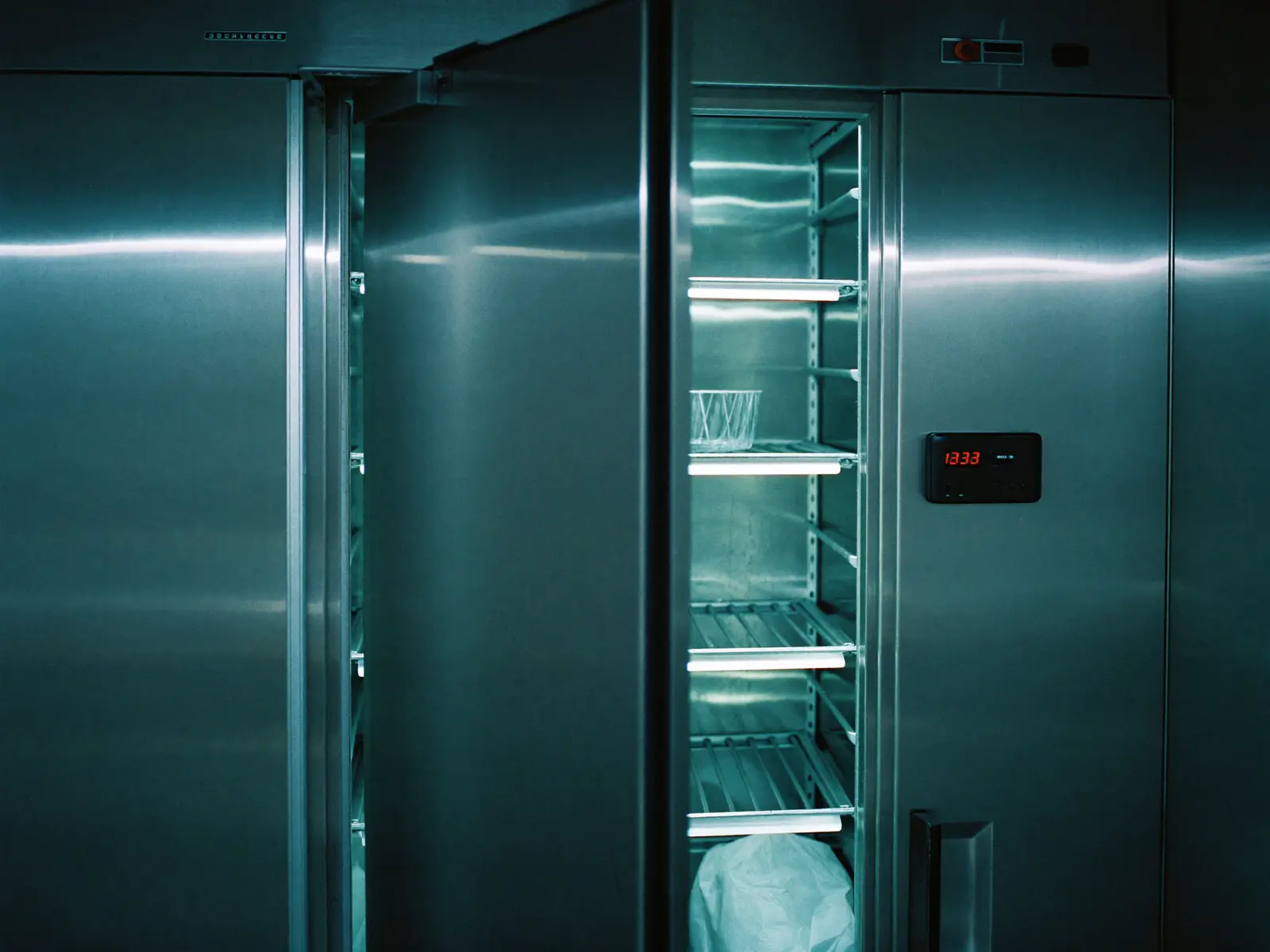 Porta de câmara fria de aço inox entreaberta em cozinha industrial